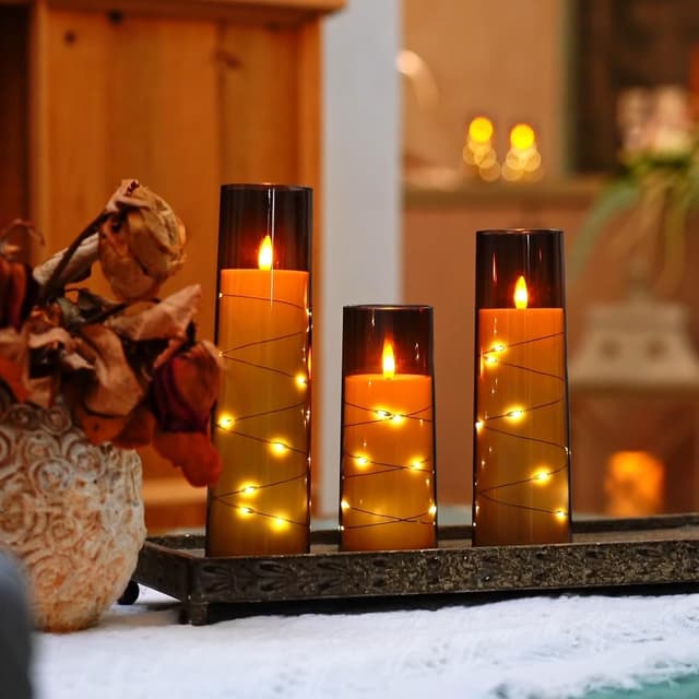 Detalle de Homemory Flickering Flameless Candles with String Lights (Set of 5) with Remote & Timer, Grey acrylic