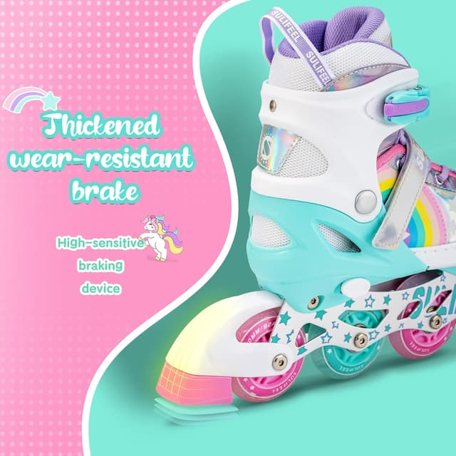 Detalle 1 de SULIFEEL Rainbow Unicorn Adjustable Inline Skates for Kids (4 Sizes) with Light-Up Wheels