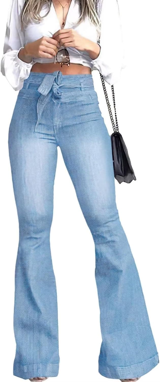 Detalle de KDF High Waisted Flare Jeans for Women with Removable Belt, Stretch Wide Leg Bell Bottom Style