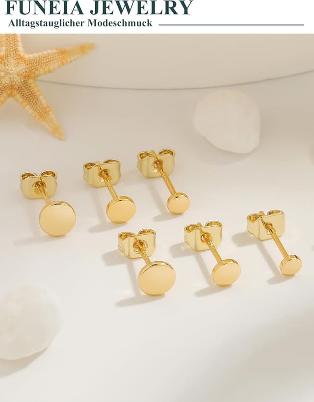 Detalle de FUNEIA 3er Set Ohrstecker Gold vergoldet (14K), 925 Sterling Silber – wasserfest, hypoallergen