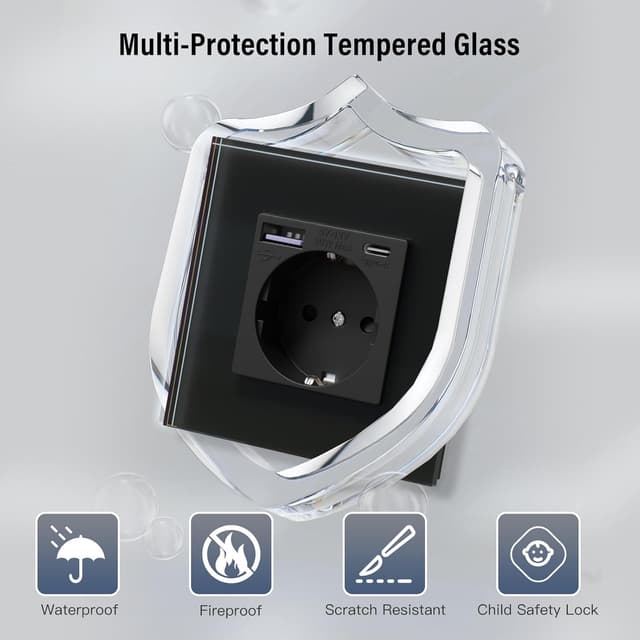 Detalle de BSEED Glas-Steckdose mit 20W USB‑C Schnellladegerät (3‑in‑1), Unterputz-Wandsteckdose 1‑fach, schwarz