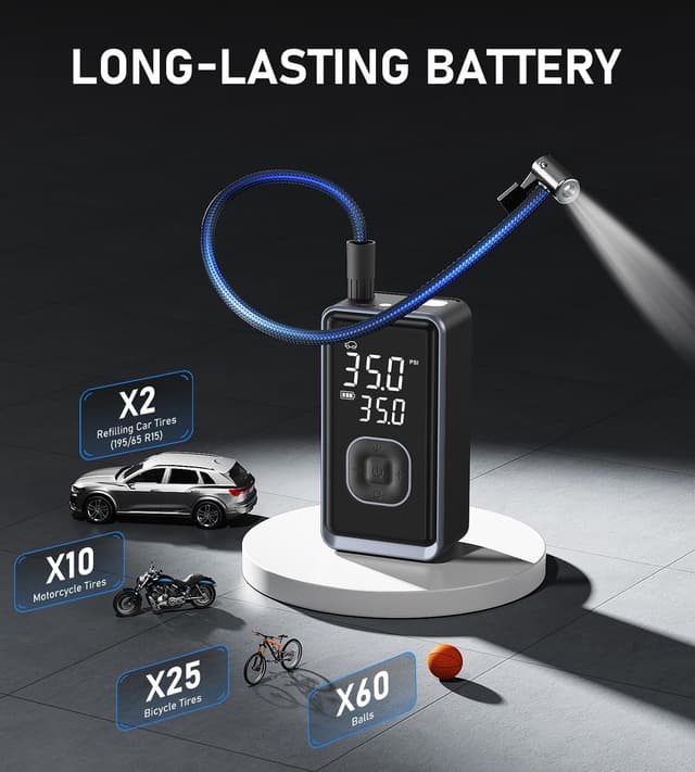 Detalle de Portable Tire Inflator Air Compressor (Cordless, 150 PSI) with Digital Pressure Display and LED Light