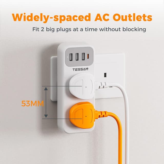 Detalle de TESSAN Plug Adapter 13A with 3 USB-A & 1 USB-C 🔌
