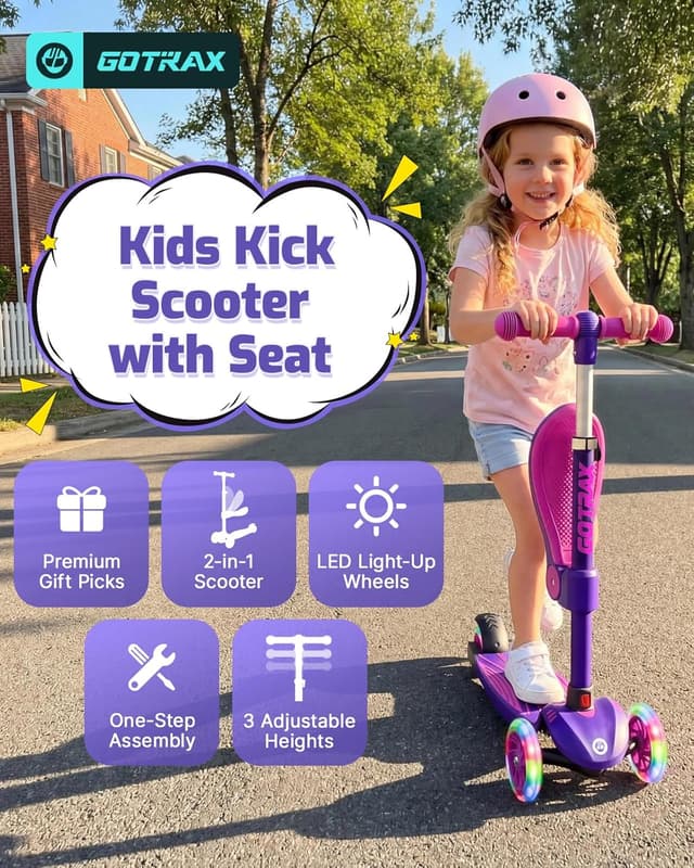 Detalle de GOTRAX KS3 Kids Kick Scooter with LED Lighted Wheels, Adjustable Height & Removable Seat (Ages 2–8, up to 110 Lbs)