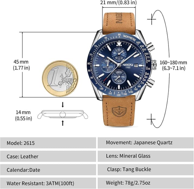 Detalle de NIBOSI Orologio da uomo analogico al quarzo cronografo con data e pelle