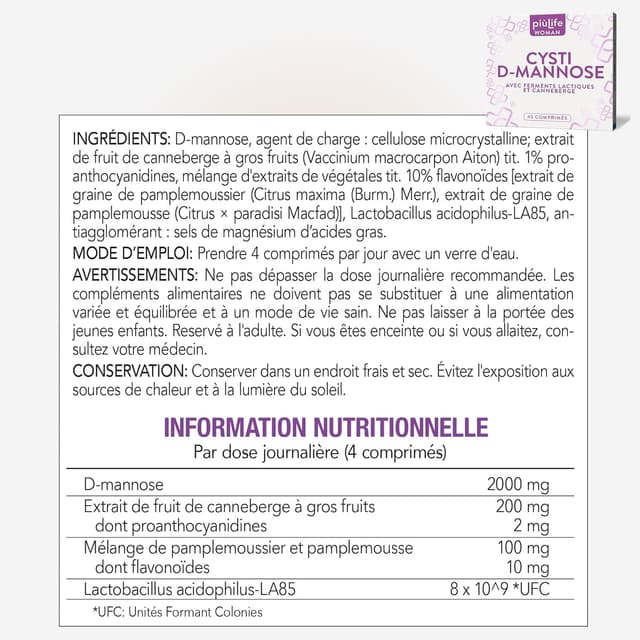 Thumbnail 6 de PiùLife D-Mannose Cystite Femme 2000 mg avec canneberge et probiotiques – 45 comprimés