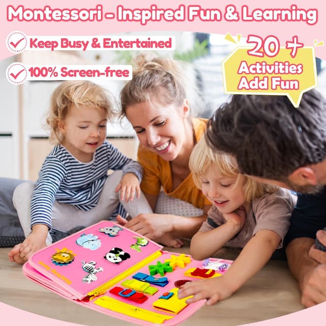 Detalle 2 de Qizfun Toddler Busy Board Montessori Toys – 8-Page Sensory Busy Book for Travel