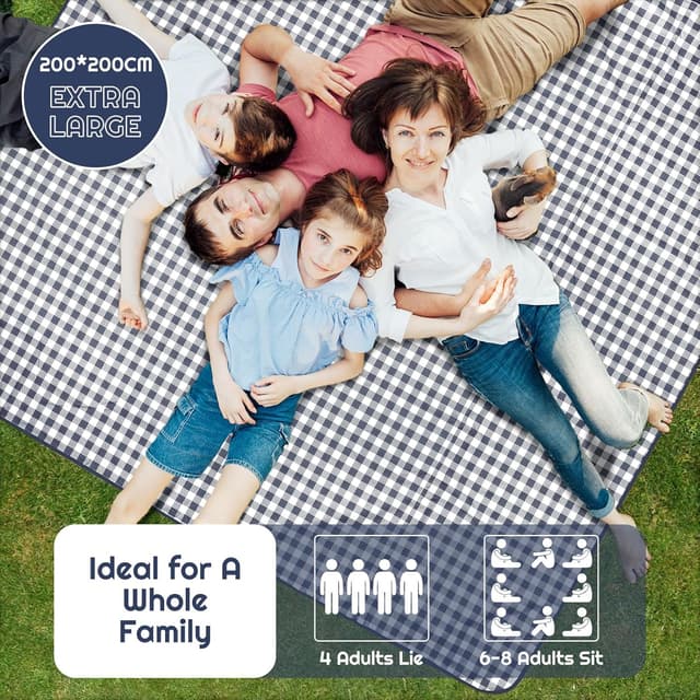 Detalle de Maidyna Picnic Blanket Waterproof 200 x 200 cm (Blue) – sandproof picnic mat with carry handle