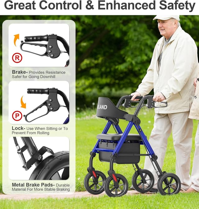 Detalle de HOMLAND Walkers for Seniors with Seat – Foldable rollator with 8" all-terrain wheels, height adjustment and cup holder