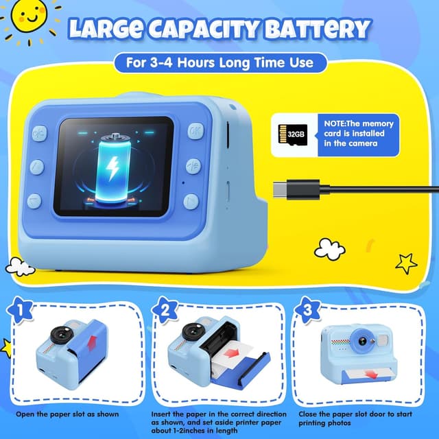 Thumbnail 6 de HiMont Kinderkamera Sofortbildkamera (1080P) mit 32GB-Karte & 3 Rollen Druckpapier – Blau