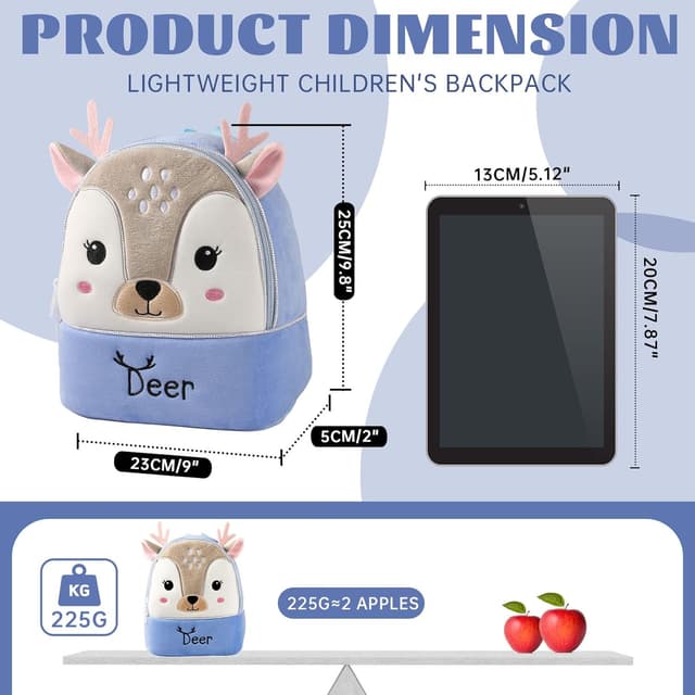 Detalle 2 de BAIGIO sac à dos maternelle en peluche pour enfants (27 x 24 x 7 cm) avec motifs animaux