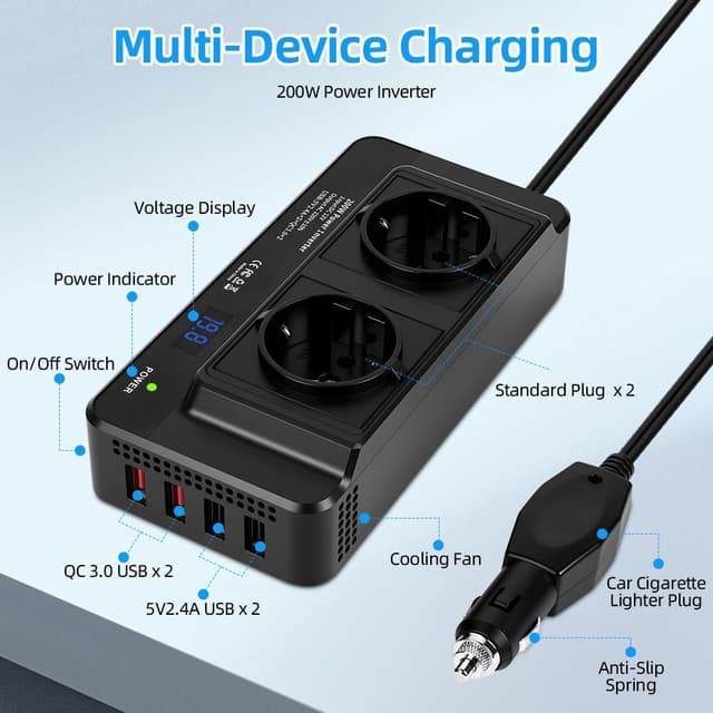 Detalle de URAQT Convertisseur 12V CC vers 230V CA 200W pour voiture avec 2 prises AC et 4 ports USB (QC 3.0)