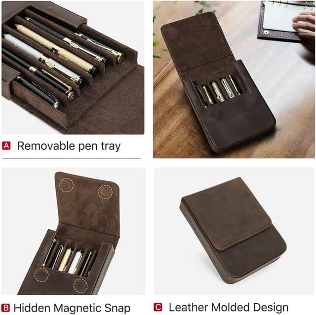 Detalle de Hiram leather pen box for 6 pens with hidden magnetic snap closure (coffee)