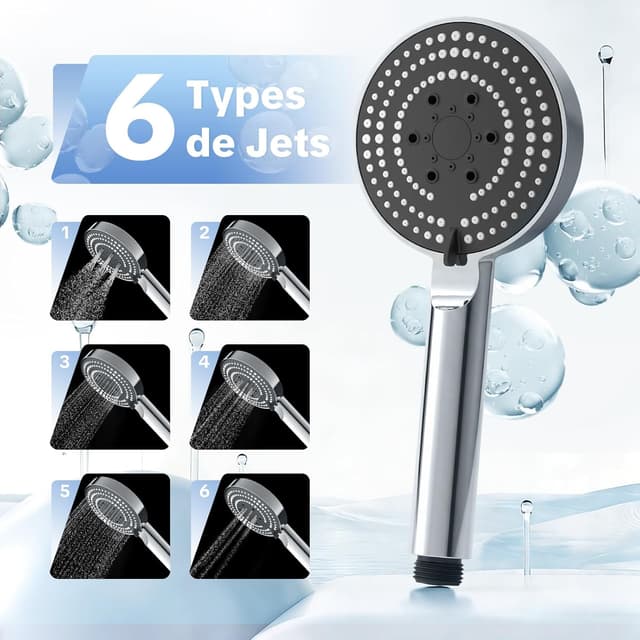 Detalle de OFFO Pommeau de douche filtrant anti-calcaire avec tuyau 1,6 m et 6 modes de jet, finition chrome