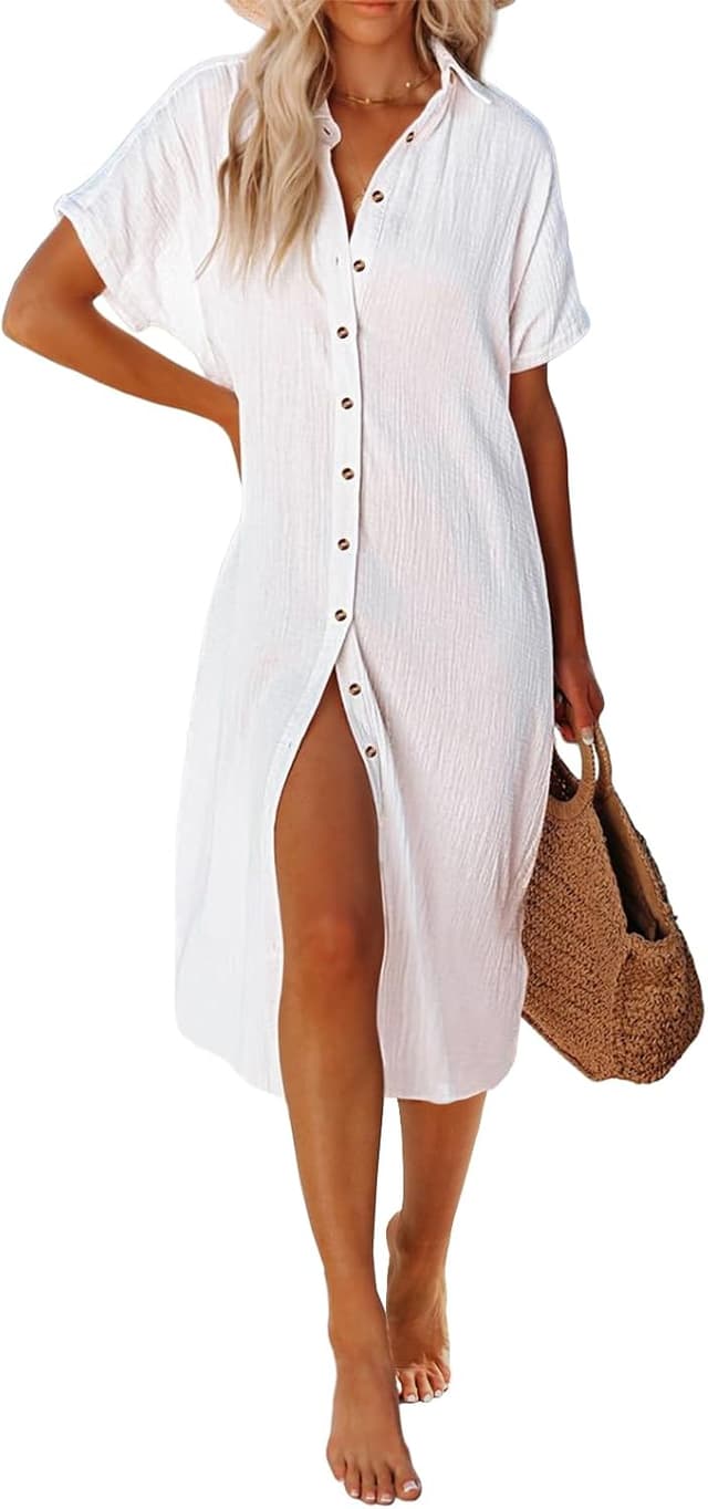 Detalle de Robe de plage femme longue en coton UMIPUBO (coupe tunique à V) – cover-up pour maillot et sarong