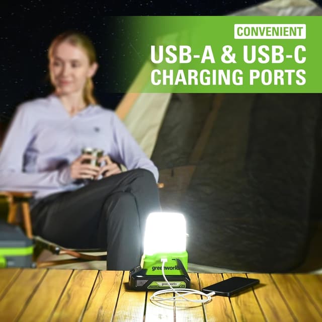 Detalle de Greenworks G24LA500 lantern and camping light with hanging hook (500 lumens) – USB and Type C outputs (tool-only)