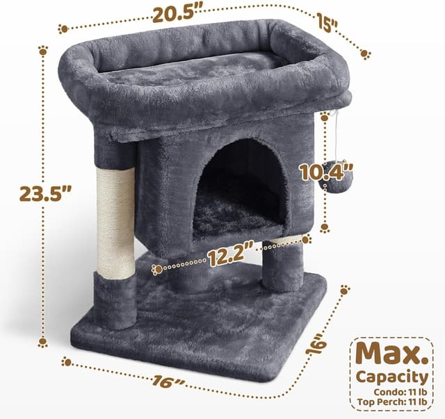 Detalle 2 de Yaheetech 59cm Basic Cat Tree Tower with Soft Plush Perches, Condo & Hanging Ball (Dark Grey)