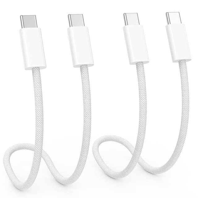 Detalle de Cavo USB-C corto 0,3 m + 0,3 m 60W con Power Delivery 3.0 e Quick Charge per iPhone 15/16/17, Galaxy S24 e iPad Pro (bianco)