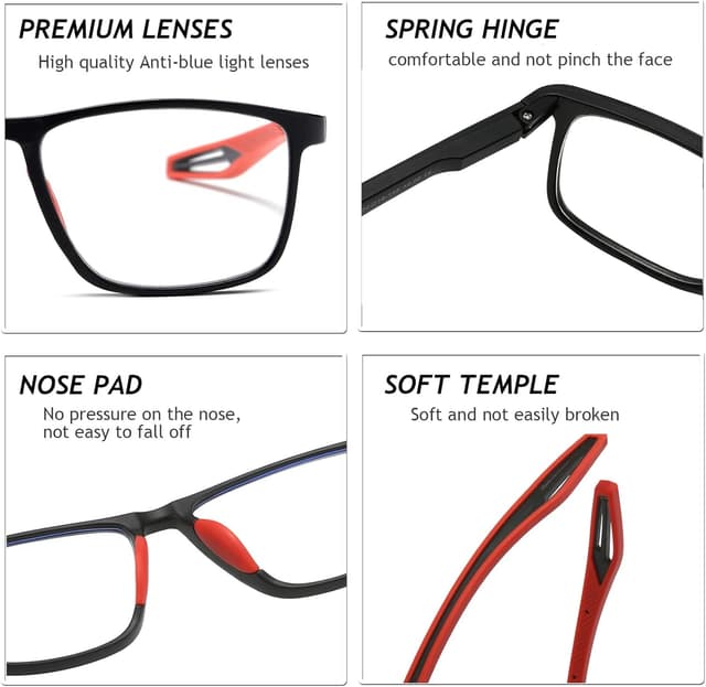 Detalle de Hubeye TR90 Sports Reading Glasses with Blue Light Blocking Lenses (Square, Flexible Fit)