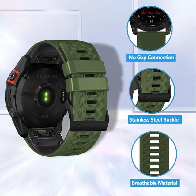 Detalle de LanQii 26mm QuickFit Silikon-Armband für Garmin (Tactix 8, Fenix 8/7/6/5, Enduro, Descent) – Grün/Schwarz