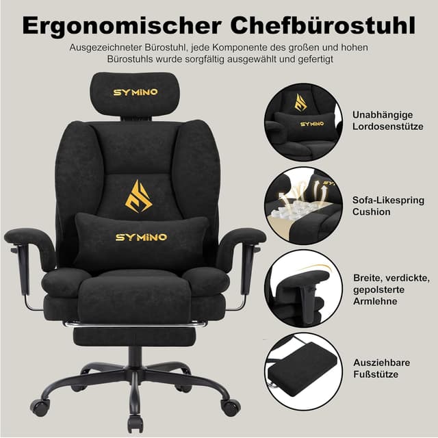 Detalle 2 de Symino Gaming-Stuhl Chefsessel: ergonomischer Bürostuhl mit Fußstütze und 90–155° Rückenlehne
