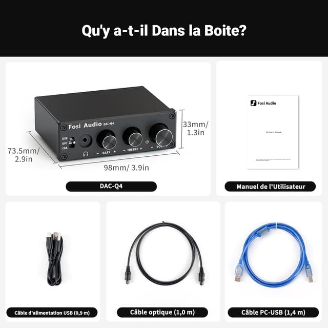 Detalle de Fosi Audio Q4 — amplificateur de casque DAC USB (192 kHz) avec entrées USB, optiques et coaxiales