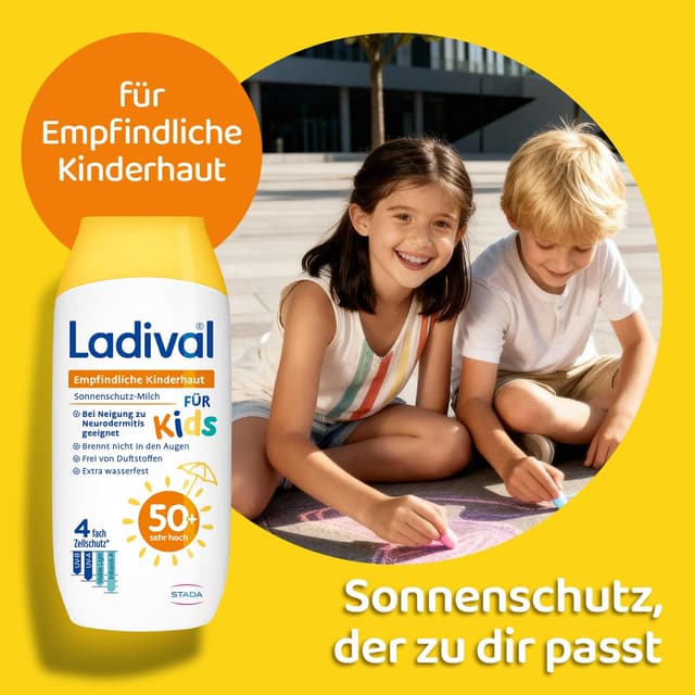 Detalle de Ladival Kinder Sonnencreme Milch LSF50+ – extra wasserfest für empfindliche Kinderhaut (ab 6 Monaten), 200 ml
