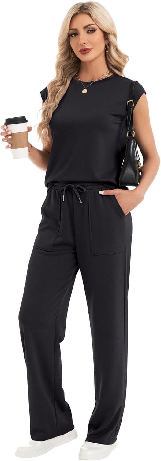 Detalle de IVIR Two-Piece Summer Tracksuit Set for Women: Round-Neck Top & Elastic Waist Trousers with Pockets