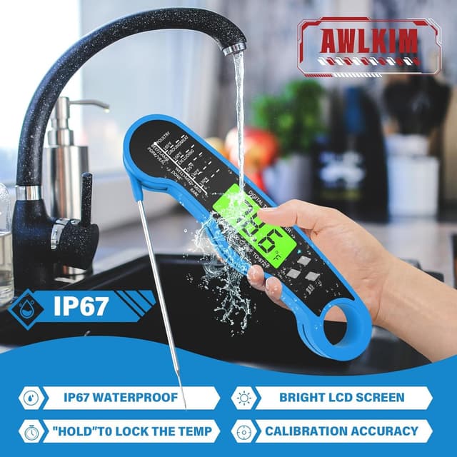 Detalle 2 de AWLKIM® Digital Meat Thermometer (Fast Instant Read) with Backlight, IP67 Waterproof Blue