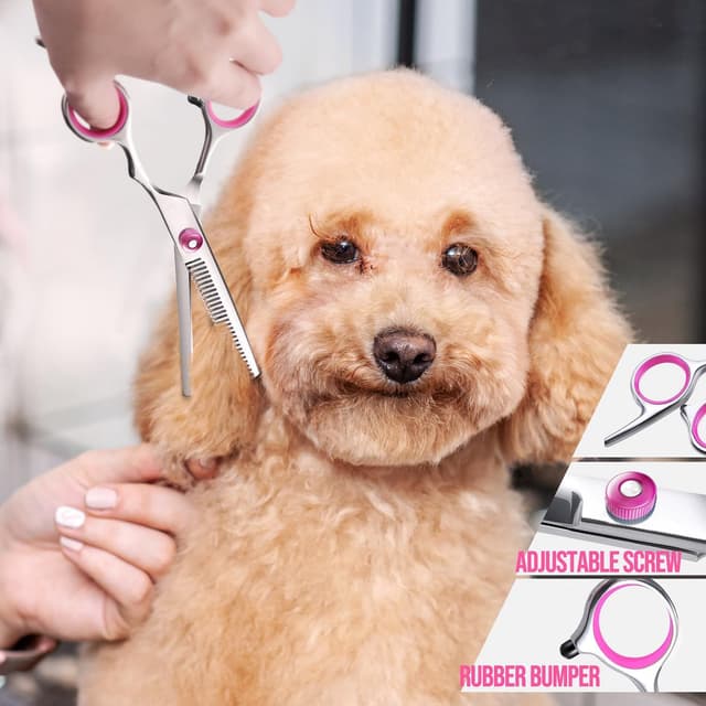 Detalle 2 de Gimars Dog Grooming Scissors Kit (4CR Stainless Steel) – Safety Round Tip, 5 in 1 Thinning & Curved/Straight Shears Set