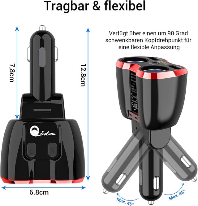 Detalle de PD3.0 Zigarettenanzünder-Verteiler 150W – 12V Kfz-Adapter mit 3× USB, Schalter & Mehrfach-Steckdose