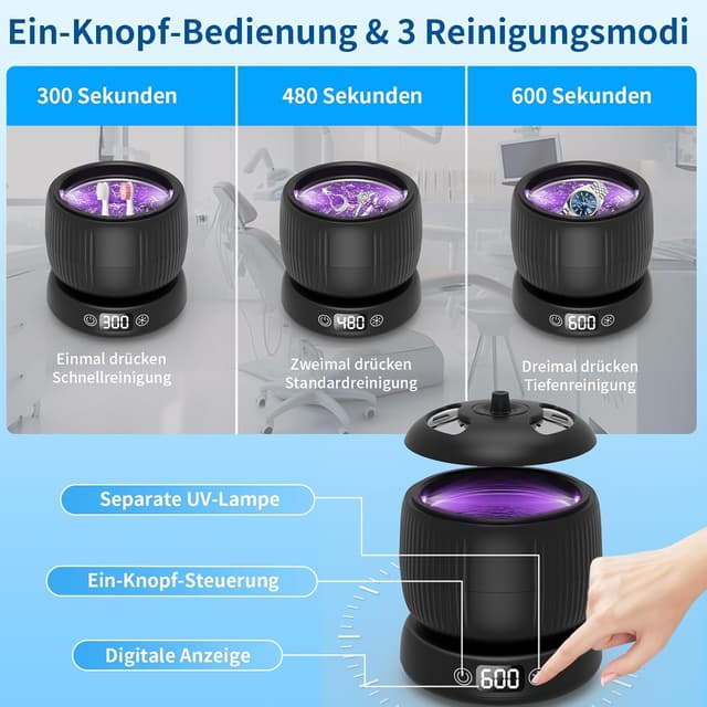 Detalle 2 de Morole Ultraschallreinigungsgerät (45.000 Hz) 200 ml mit UV-Lampe – für Zahnschienen, Retainer, Aligner, Prothesen, Zahnbürsten & Schmuck