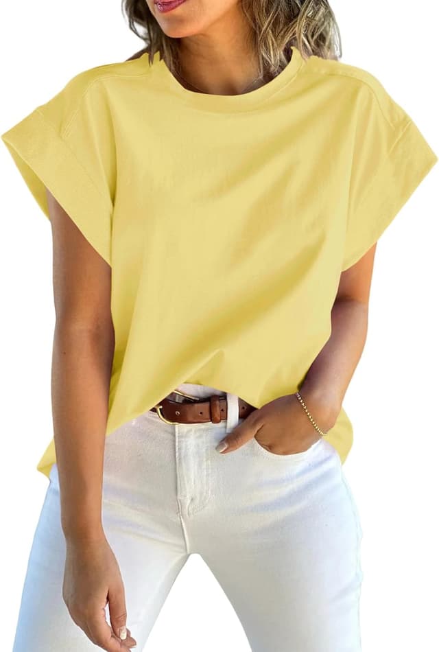 Detalle de Tankaneo Women’s Cap Sleeve Tank Top (Crew Neck) — Solid Loose-Fit Basic Tee