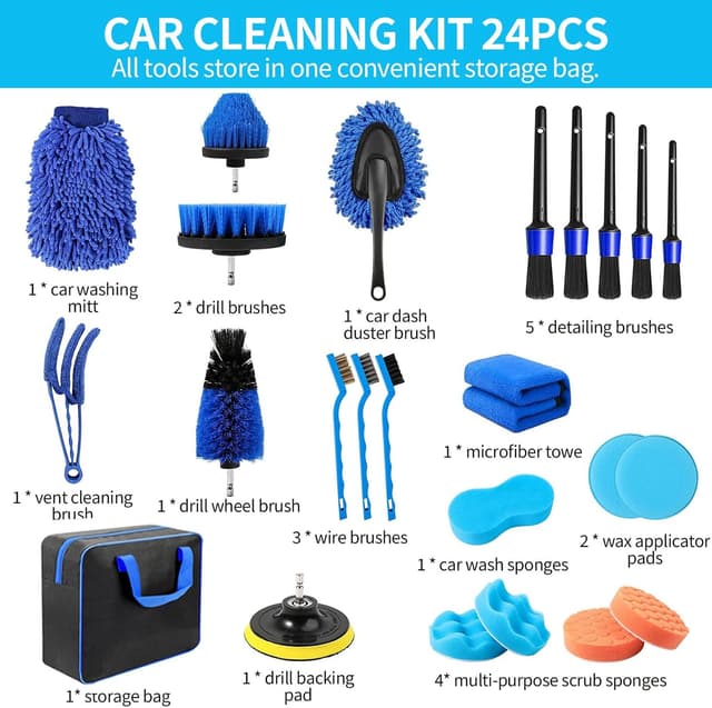 Detalle 2 de 24 PCS Car Cleaning Kit with Drill Brushes – all-round interior, exterior & wheel detailing set