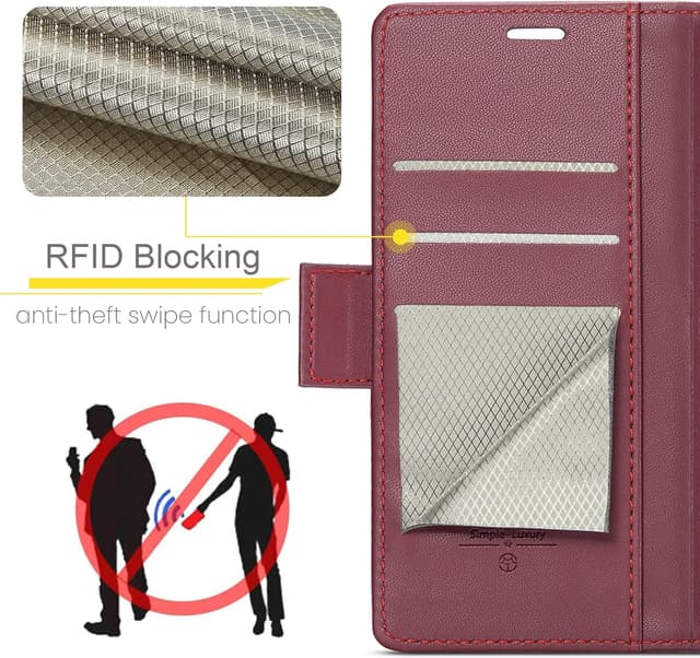 Detalle de QLTYPRI Hülle für Samsung Galaxy S24 Ultra mit RFID-Schutz, Kartenfach und Klapp-Stand – Weinrot