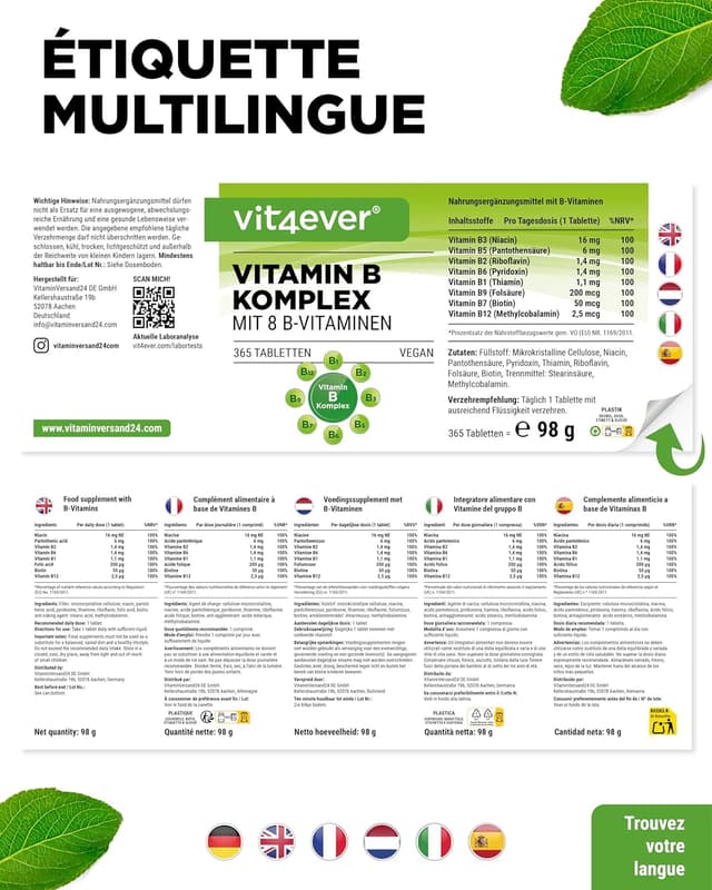 Detalle 2 de Vit4ever Complexe de Vitamines B (365 comprimés, vegan) – 1 comprimé/jour pour 12 mois
