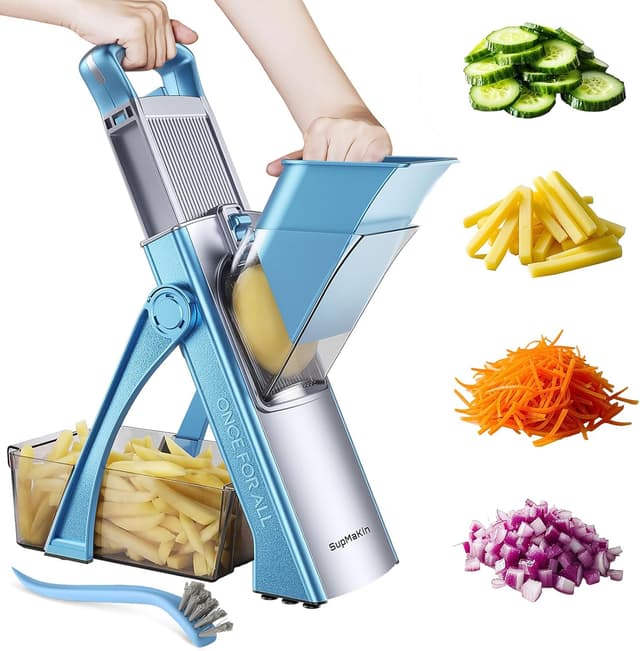 Detalle de SupMaKin Upgrade Safe Mandoline Slicer Plus (Blue) — Adjustable Vegetable Slicer & Chopper
