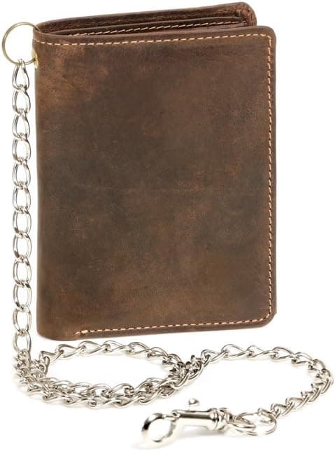Detalle de LEAS Biker portefeuille avec chaîne chrome en cuir véritable marron vintage (format portrait)