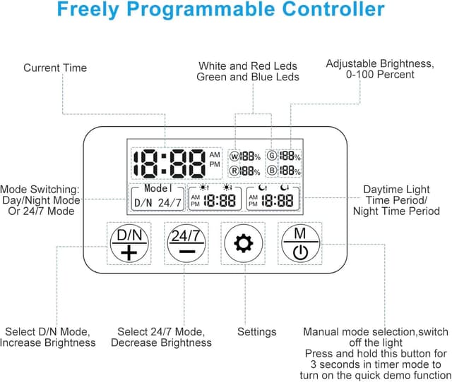 Detalle de Baitai Aquarium Light 24/7 Full Spectrum LED with LCD Controller (IP67, 45–60cm)