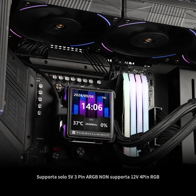 Detalle de Thermalright TR Elite Vision 360 ARGB Black: water cooler CPU con display IPS LCD 320×320 e ventola TL-K12 PWM