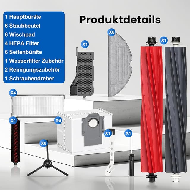 Detalle de 28-teilige Zubehör-Set für Roborock S8 Pro Ultra inkl. Hauptbürste, Staubbeutel, Wischpads und HEPA-Filter