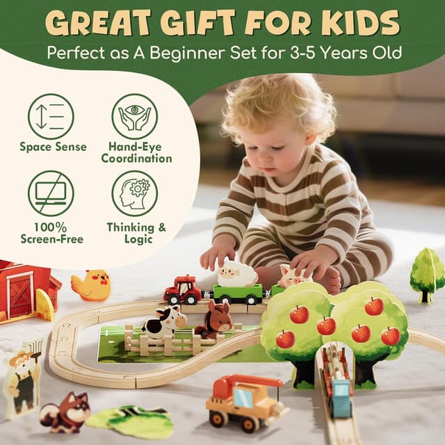 Detalle 1 de Lehoo Castle Wooden Train Set (72 pcs) – Farm-themed magnetic crane wooden tracks for ages 3–6