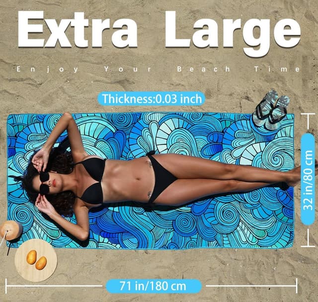 Detalle 2 de Thin Lightweight Microfiber Beach Towel (Sand-Free, Quick-Dry, Compact) for Pool, Camping & Travel
