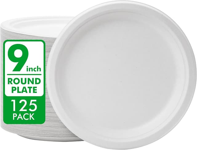 Detalle de RACETOP Disposable Compostable Paper Plates (9 Inch, 125 Pack) — White Bagasse, Heavy-Duty Sugarcane-Fiber Plates