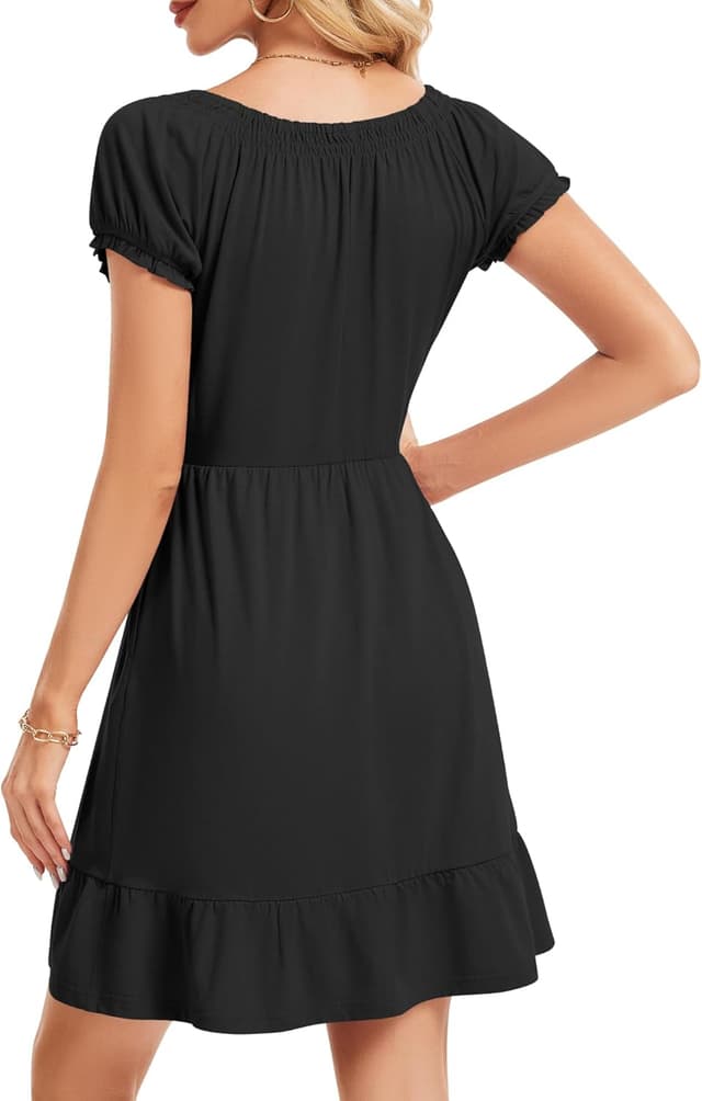 Detalle 2 de AUSELILY Damen Sommerkleid mit Puffärmeln, hoher Taille und Taschen