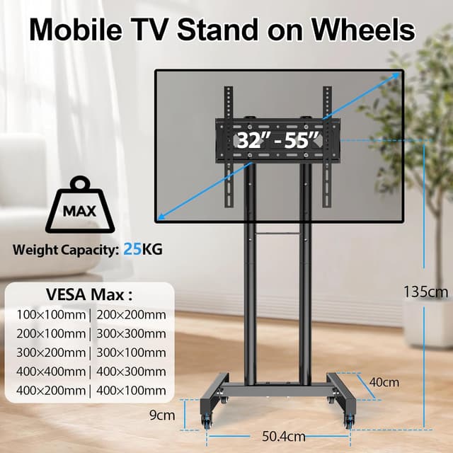 Detalle 2 de JXMTSPW Mobile TV Cart for 32–55 Inch TVs (Max VESA 400x400, Up to 25kg) 360° Swivel Stand
