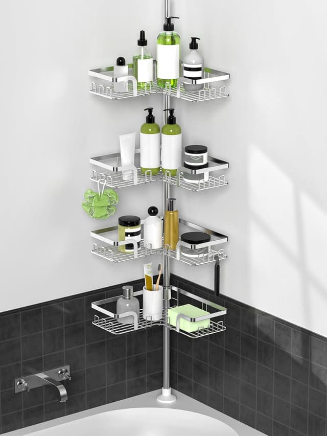 Detalle de Kegii Teleskop-Duschregal aus Edelstahl – Duschablage ohne Bohren, Ecke mit 4 Etagen