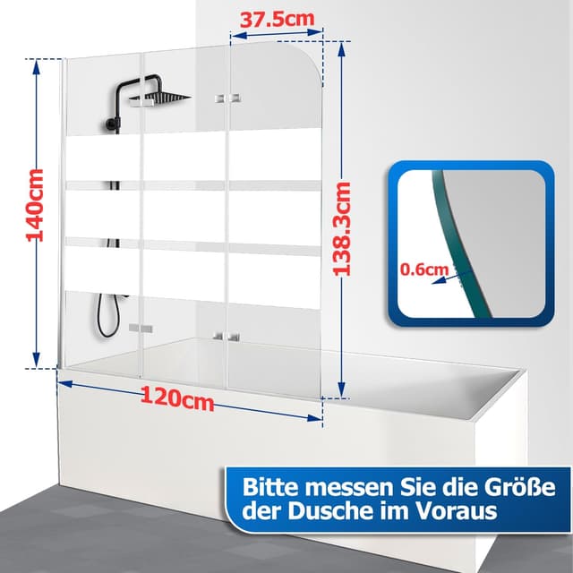 Thumbnail 6 de Daromigo paroi de douche pour baignoire pliable en 3 parties (120 x 140 cm) avec verre ESG 6 mm