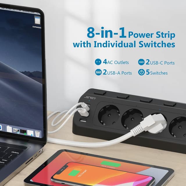 Detalle 2 de JSVER Desktop-Steckdosenleiste mit USB‑C-Ecksteckdose, 4-fach (2× Type‑C, 2× USB‑A) und Einzelschaltern