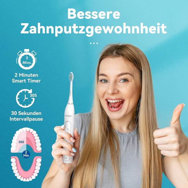 Detalle de Lächen Sonic Schallzahnbürste RM-T8B mit Timer, 3 Modi, 4 Aufsteckbürsten & Reisetasche (A-weiß)